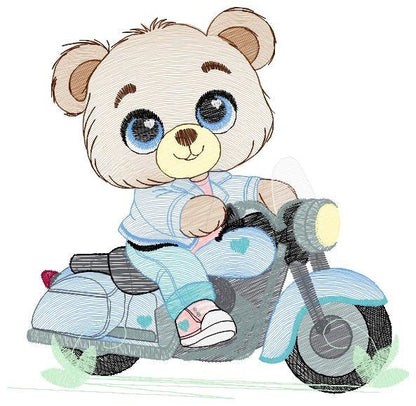 Male Bear with bike embroidery designs - Bear with motorcycle machine embroidery pattern - Baby boy file - Instant digital download pes jef dst