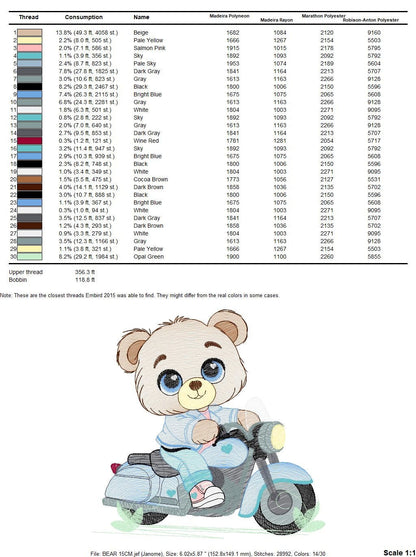Male Bear with bike embroidery designs - Bear with motorcycle machine embroidery pattern - Baby boy file - Instant digital download pes jef dst