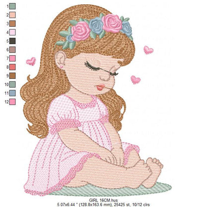 Baby girl with flowers embroidery designs - Sleeping Toddler embroidery design machine embroidery pattern - Girl with hearts - pes download