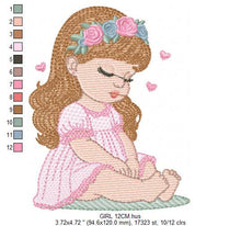 Cargar imagen en el visor de la galería, Baby girl with flowers embroidery designs - Sleeping Toddler embroidery design machine embroidery pattern - Girl with hearts - pes download
