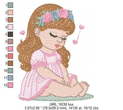 Baby girl with flowers embroidery designs - Sleeping Toddler embroidery design machine embroidery pattern - Girl with hearts - pes download