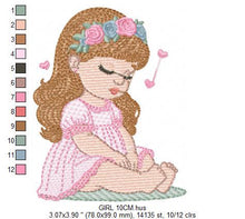 Charger l&#39;image dans la galerie, Baby girl with flowers embroidery designs - Sleeping Toddler embroidery design machine embroidery pattern - Girl with hearts - pes download
