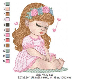 Baby girl with flowers embroidery designs - Sleeping Toddler embroidery design machine embroidery pattern - Girl with hearts - pes download