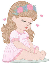 Load image into Gallery viewer, Baby girl with flowers embroidery designs - Sleeping Toddler embroidery design machine embroidery pattern - Girl with hearts - pes download
