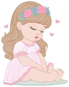 Baby girl with flowers embroidery designs - Sleeping Toddler embroidery design machine embroidery pattern - Girl with hearts - pes download