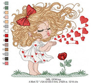 Charger l&#39;image dans la galerie, Long hair Girl embroidery designs - Girl blowing kisses and hearts embroidery design machine embroidery pattern - Girl with flower download
