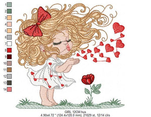 Long hair Girl embroidery designs - Girl blowing kisses and hearts embroidery design machine embroidery pattern - Girl with flower download