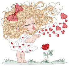 Laden Sie das Bild in den Galerie-Viewer, Long hair Girl embroidery designs - Girl blowing kisses and hearts embroidery design machine embroidery pattern - Girl with flower download
