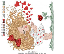 Cargar imagen en el visor de la galería, Long hair Girl embroidery designs - Girl blowing kisses and hearts embroidery design machine embroidery pattern - Girl with flower download
