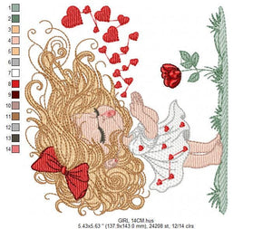 Long hair Girl embroidery designs - Girl blowing kisses and hearts embroidery design machine embroidery pattern - Girl with flower download