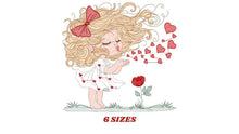 Cargar imagen en el visor de la galería, Long hair Girl embroidery designs - Girl blowing kisses and hearts embroidery design machine embroidery pattern - Girl with flower download
