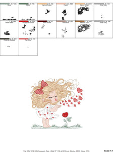 Long hair Girl embroidery designs - Girl blowing kisses and hearts embroidery design machine embroidery pattern - Girl with flower download