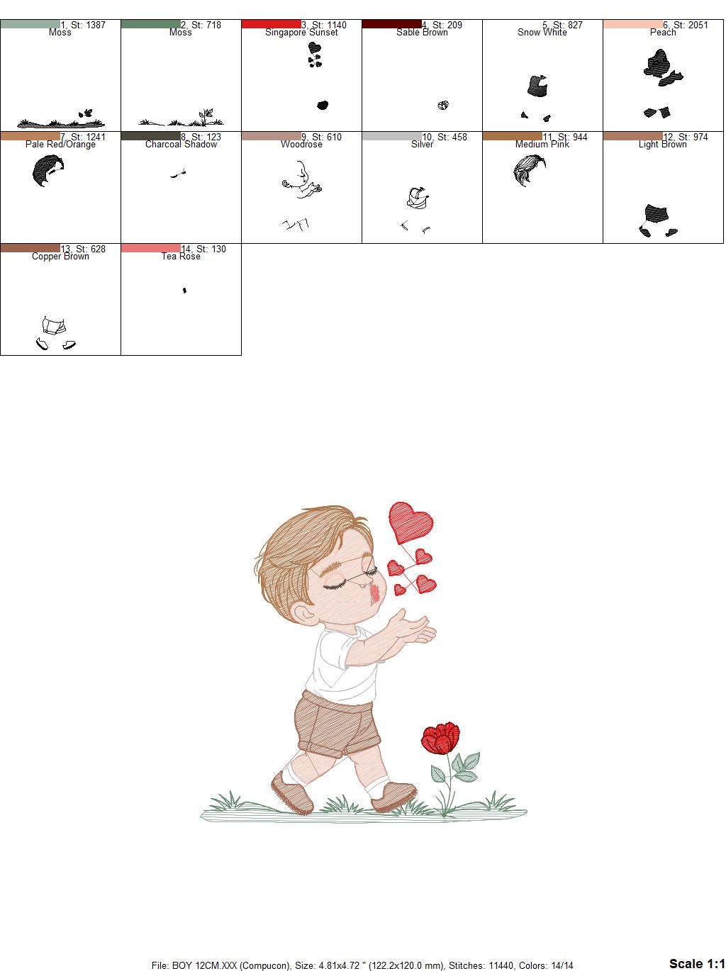 Boy blowing kisses and hearts embroidery design - Boy with flowers embroidery designs machine embroidery pattern - Instant download pes jef