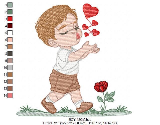 Boy blowing kisses and hearts embroidery design - Boy with flowers embroidery designs machine embroidery pattern - Instant download pes jef