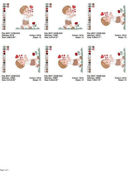 Boy blowing kisses and hearts embroidery design - Boy with flowers embroidery designs machine embroidery pattern - Instant download pes jef