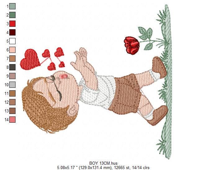 Boy blowing kisses and hearts embroidery design - Boy with flowers embroidery designs machine embroidery pattern - Instant download pes jef