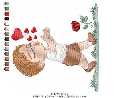 Boy blowing kisses and hearts embroidery design - Boy with flowers embroidery designs machine embroidery pattern - Instant download pes jef