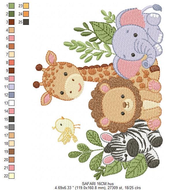 Safari animals embroidery designs - Elephant embroidery design machine embroidery pattern - Giraffe Zebra Lion tropical plants - download