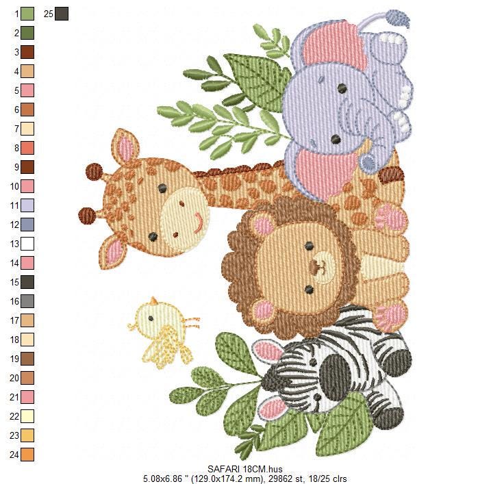 Safari animals embroidery designs - Elephant embroidery design machine embroidery pattern - Giraffe Zebra Lion tropical plants - download