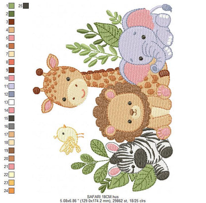Safari animals embroidery designs - Elephant embroidery design machine embroidery pattern - Giraffe Zebra Lion tropical plants - download