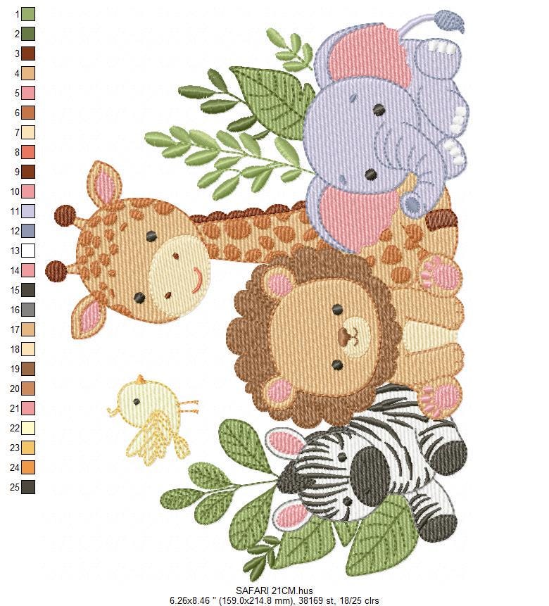 Safari animals embroidery designs - Elephant embroidery design machine embroidery pattern - Giraffe Zebra Lion tropical plants - download