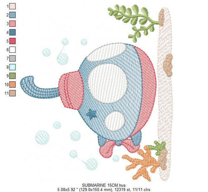Submarine embroidery design - Baby boy embroidery designs machine embroidery pattern - Nautical ocan sea embroidery file - instant download