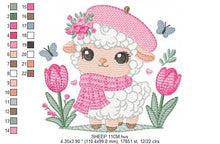 Load image into Gallery viewer, Sheep embroidery design - Lamb embroidery designs machine embroidery pattern - Girl embroidery - sheep with scarf hat beret tulip - download
