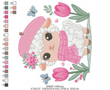 Charger l&#39;image dans la galerie, Sheep embroidery design - Lamb embroidery designs machine embroidery pattern - Girl embroidery - sheep with scarf hat beret tulip - download
