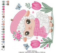 Charger l&#39;image dans la galerie, Sheep embroidery design - Lamb embroidery designs machine embroidery pattern - Girl embroidery - sheep with scarf hat beret tulip - download
