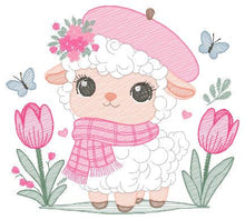 Load image into Gallery viewer, Sheep embroidery design - Lamb embroidery designs machine embroidery pattern - Girl embroidery - sheep with scarf hat beret tulip - download
