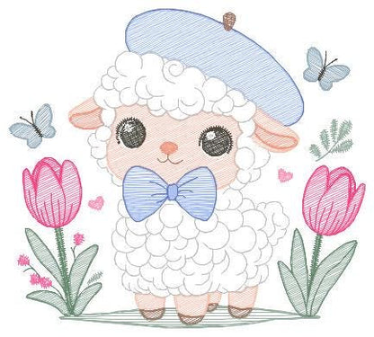 Sheep embroidery design - Lamb embroidery designs machine embroidery pattern - Baby boy embroidery - Sheep with tie and hat beret - download