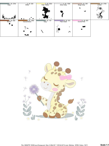 Giraffe embroidery design - Safari Animal embroidery designs machine embroidery pattern - Baby girl embroidery - Giraffe with flower lace