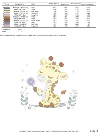 Giraffe embroidery design - Safari Animal embroidery designs machine embroidery pattern - Baby boy embroidery file - Giraffe with flower pes