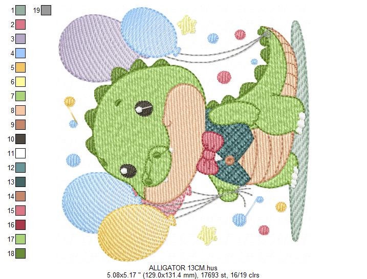 Crocodile embroidery design - Alligator embroidery designs machine embroidery pattern - Animal with balloon embroidery - instant download
