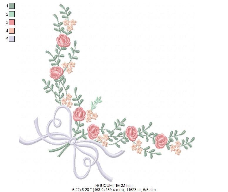Flowers Corner embroidery designs - Kitchen Towel embroidery design machine embroidery pattern - Roses embroidery file - Roses Bouquet pes