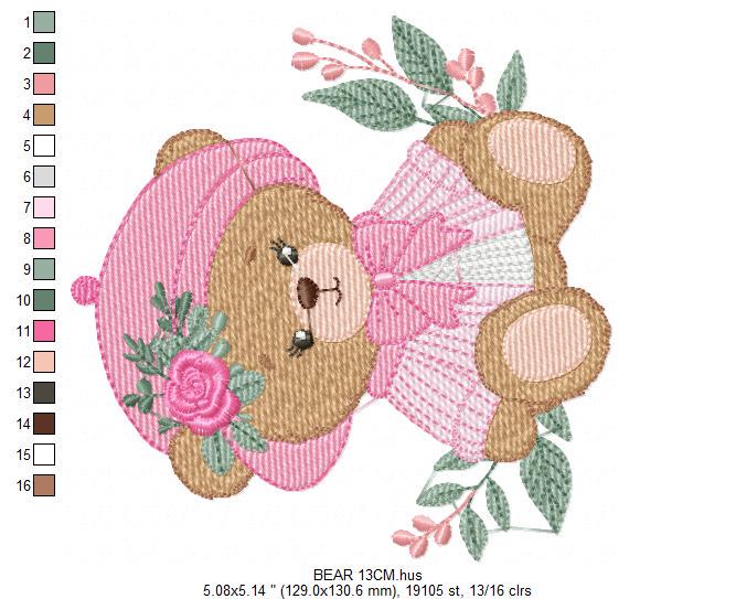 Female Bear embroidery designs - Baby girl embroidery design machine embroidery pattern - Bear with lace and dress embroidery file pes jef