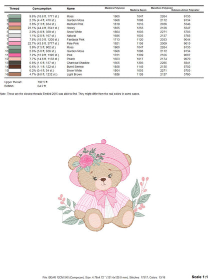 Female Bear embroidery designs - Baby girl embroidery design machine embroidery pattern - Bear with lace and dress embroidery file pes jef