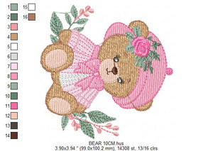 Female Bear embroidery designs - Baby girl embroidery design machine embroidery pattern - Bear with lace and dress embroidery file pes jef