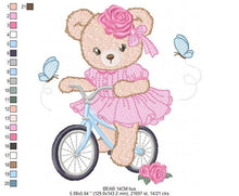 Load image into Gallery viewer, Bear embroidery designs - Baby girl embroidery design machine embroidery pattern - Female bear in a bike embroidery file - instant download
