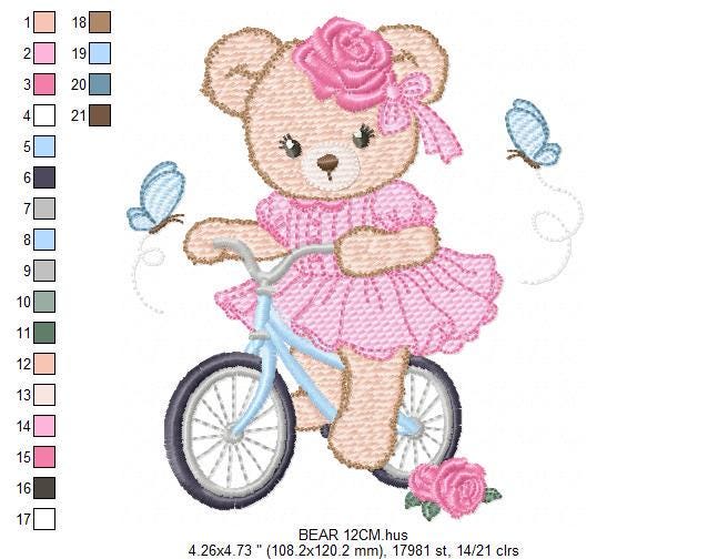 Bear embroidery designs - Baby girl embroidery design machine embroidery pattern - Female bear in a bike embroidery file - instant download