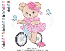 Cargar imagen en el visor de la galería, Bear embroidery designs - Baby girl embroidery design machine embroidery pattern - Female bear in a bike embroidery file - instant download
