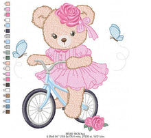 Laden Sie das Bild in den Galerie-Viewer, Bear embroidery designs - Baby girl embroidery design machine embroidery pattern - Female bear in a bike embroidery file - instant download
