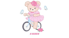 Cargar imagen en el visor de la galería, Bear embroidery designs - Baby girl embroidery design machine embroidery pattern - Female bear in a bike embroidery file - instant download
