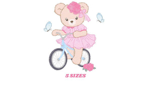 Bear embroidery designs - Baby girl embroidery design machine embroidery pattern - Female bear in a bike embroidery file - instant download