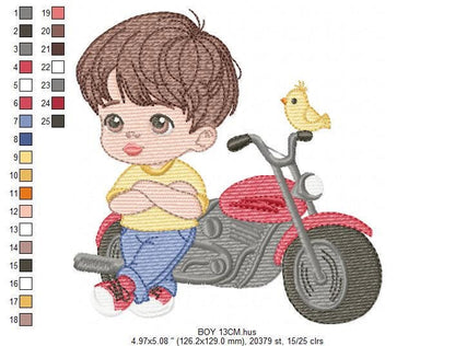 Boy with motorcycle embroidery designs - Boy embroidery design machine embroidery pattern - Motorcyclist Biker Chopper - instant download
