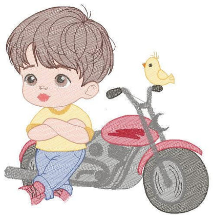 Boy with motorcycle embroidery designs - Boy embroidery design machine embroidery pattern - Motorcyclist Biker Chopper - instant download