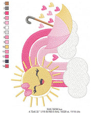 Cargar imagen en el visor de la galería, Rainbow embroidery design - Sun cloud rain umbrella embroidery design machine embroidery pattern - Baby girl embroidery - digital download
