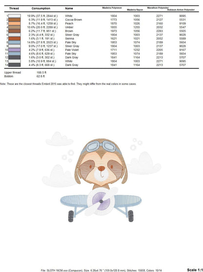 Airplane embroidery designs - Sloth Pilot embroidery design machine embroidery pattern - Baby boy embroidery file - digital download pes jef