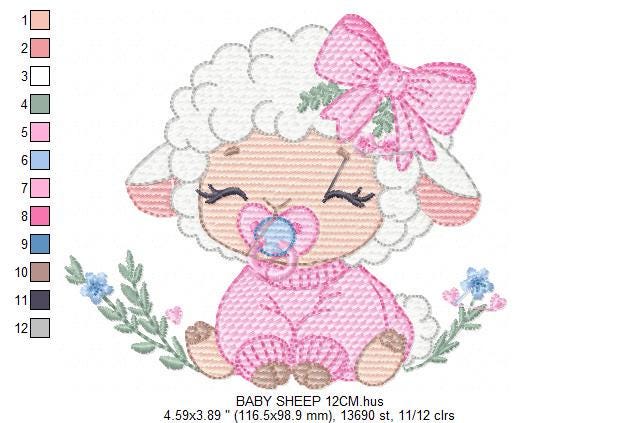Baby Sheep embroidery design - Lamb with lace machine embroidery pattern - Baby girl file - Instant digital download pes jef dst hus