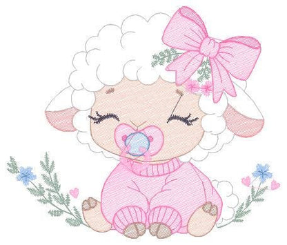 Baby Sheep with lace embroidery design - Lamb embroidery designs machine embroidery pattern - Baby girl embroidery file - instant download